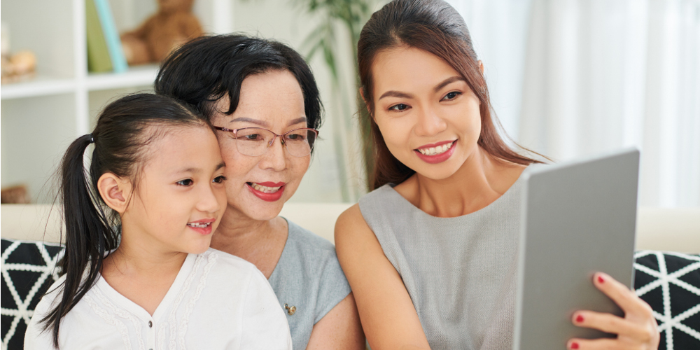 Grandmother, mother and daughter relaxing at home