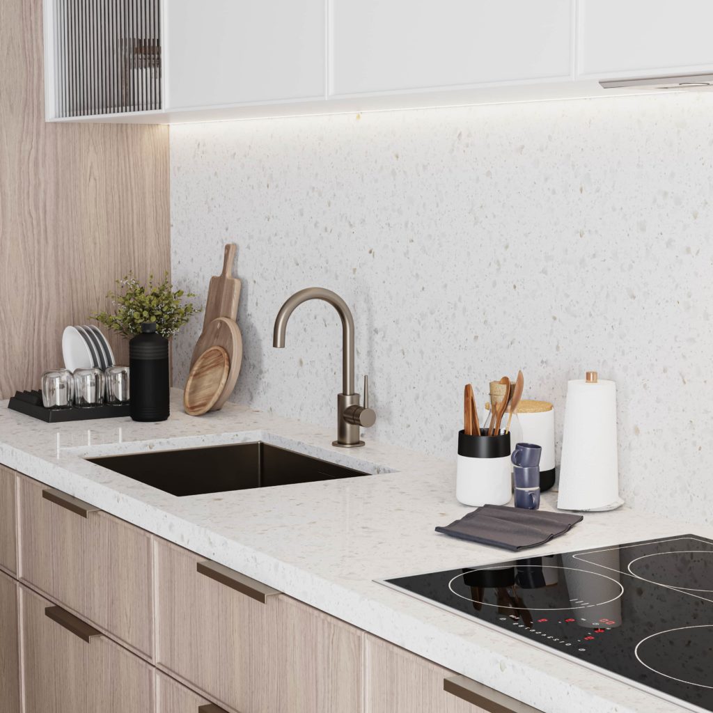 Stone countertop with white and wooden kitchen